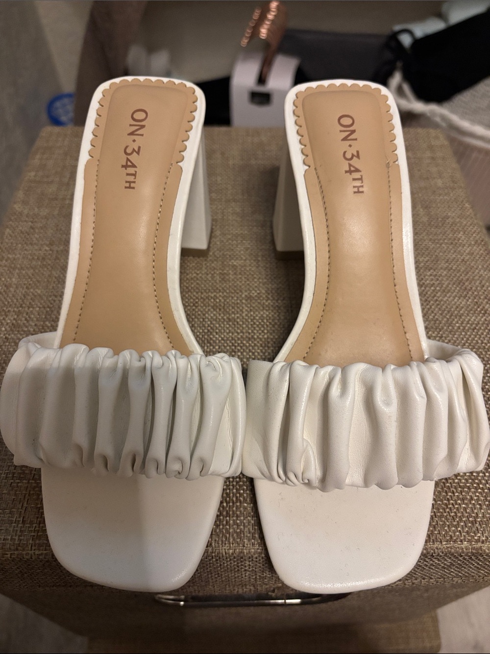 ON·34TH White Ruched Block Heel Slide Sandals